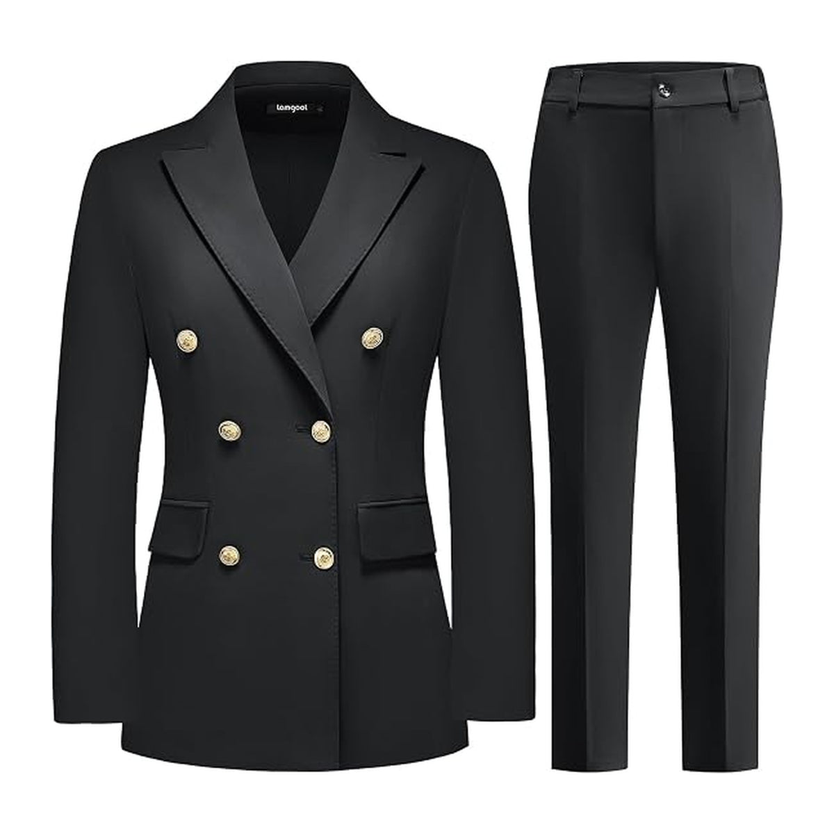 Women's Black Double-Breasted Gold Button Blazer & Straight Leg Trouser 2-Piece Suit Set – Office, Formal & Party Wear – Size M