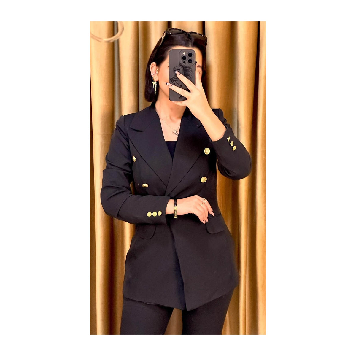 Women's Black Double-Breasted Gold Button Blazer & Straight Leg Trouser 2-Piece Suit Set – Office, Formal & Party Wear – Size M