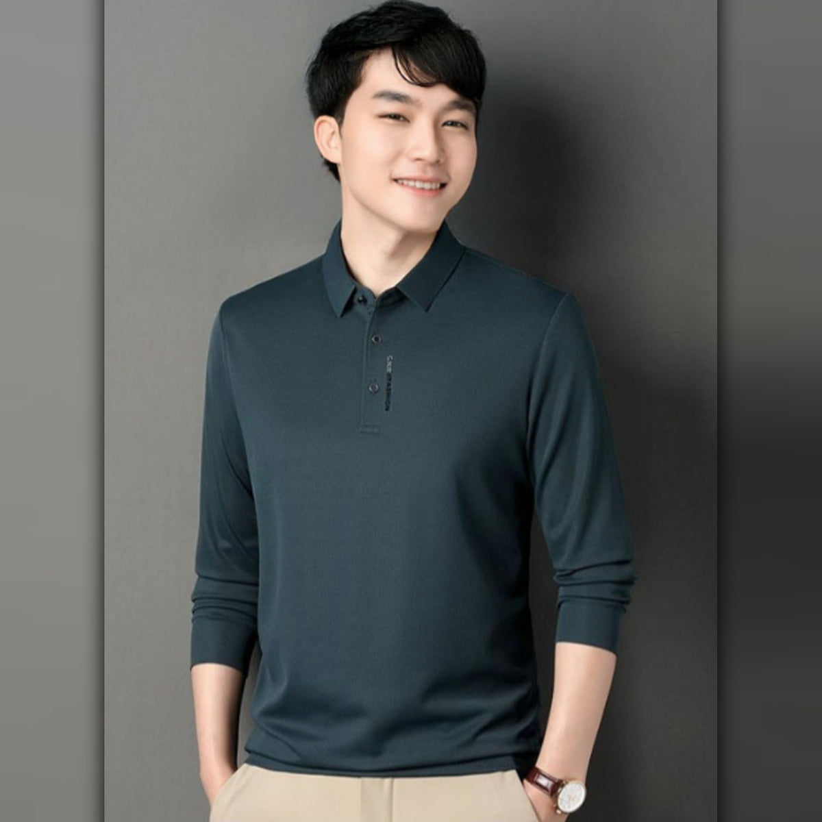 Men's Dark Teal Long Sleeve Polo Shirt – Premium Textured Knit Smart Casual Collared T-Shirt – Office & Everyday Wear – Size L