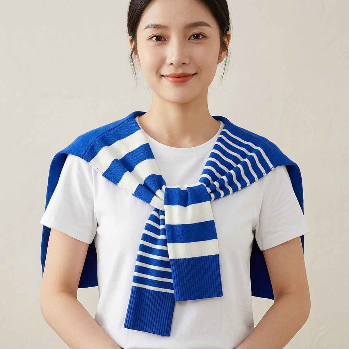 Women's Royal Blue & White Striped Knitted Shoulder Wrap Shawl – Tie-Front Knit Cape Scarf – Layering Accessory for Shirts & Dresses – Free Size