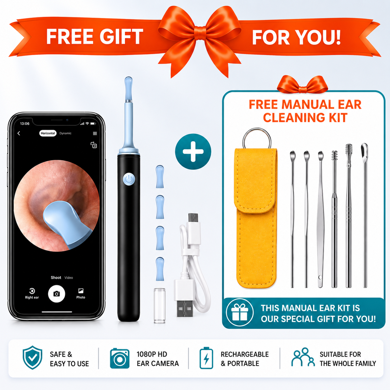 Ear wax cleaner tool kit with 1080P camera WIFI & LED Light Rechargeable portable Baby Children adults gift gadget for IOS & Android (multicolour)