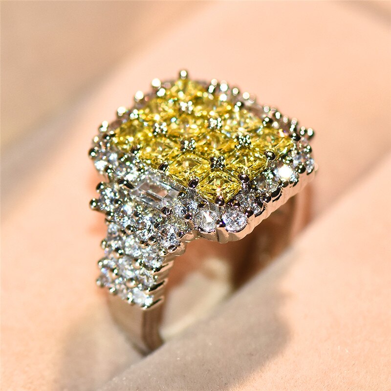 Female Crystal Yellow Stone Ring Brilliant White Gold Filled Promise Engagement Rings For Women