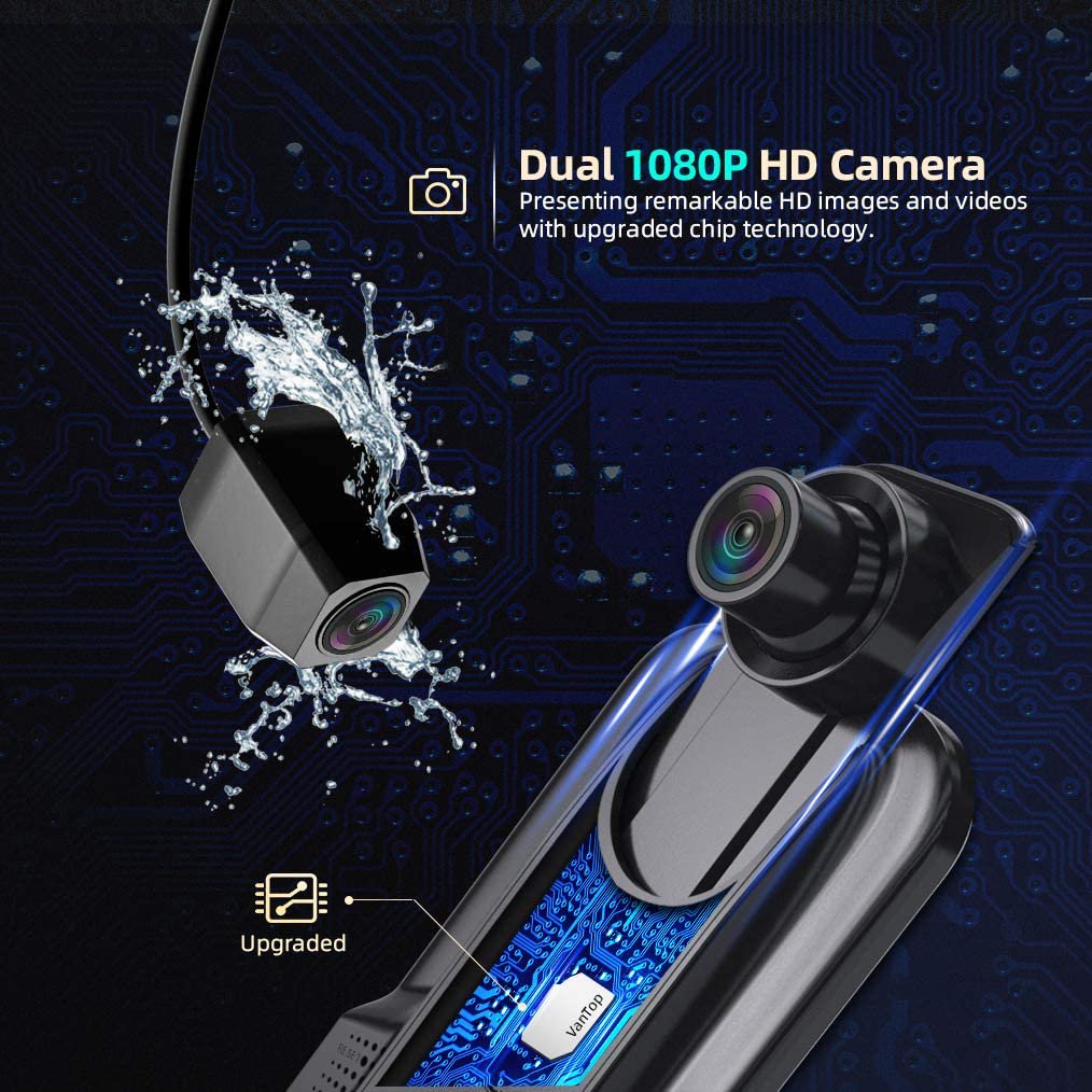Like A New VanTop H609 Dash Camera 1080P Mirror Dual Dash Cam, 10" IPS Full Touch Screen, Infrared Night Vision, Motion Detection, G-Sensor Black