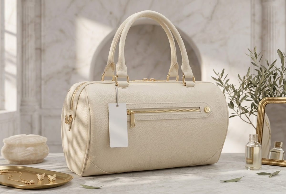 Ora Delphine Crossbody Pebbled Leather Top Handles Handbag Purse in white and brown