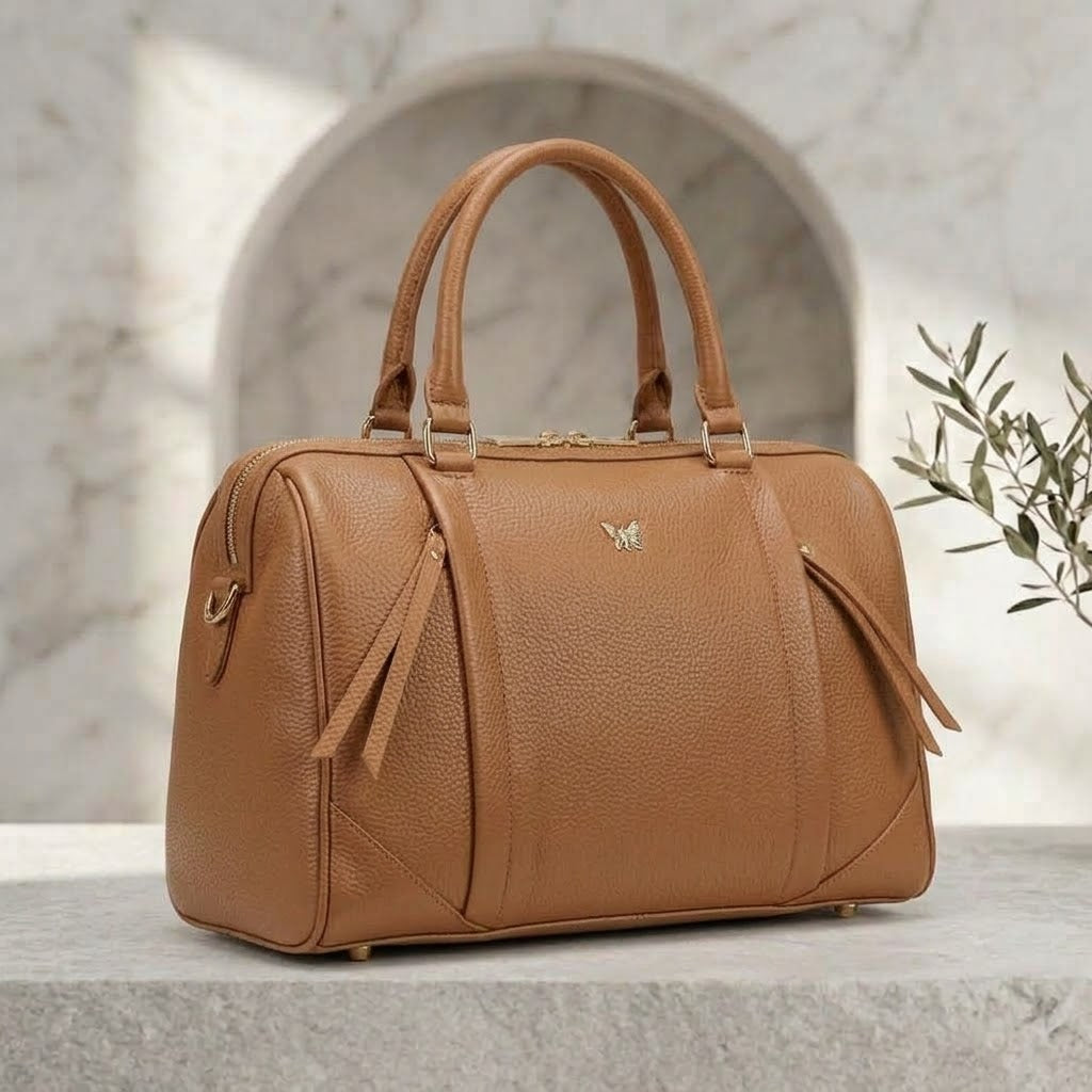 Ora Delphine Crossbody Pebbled Leather Top Handles Handbag Purse in white and brown