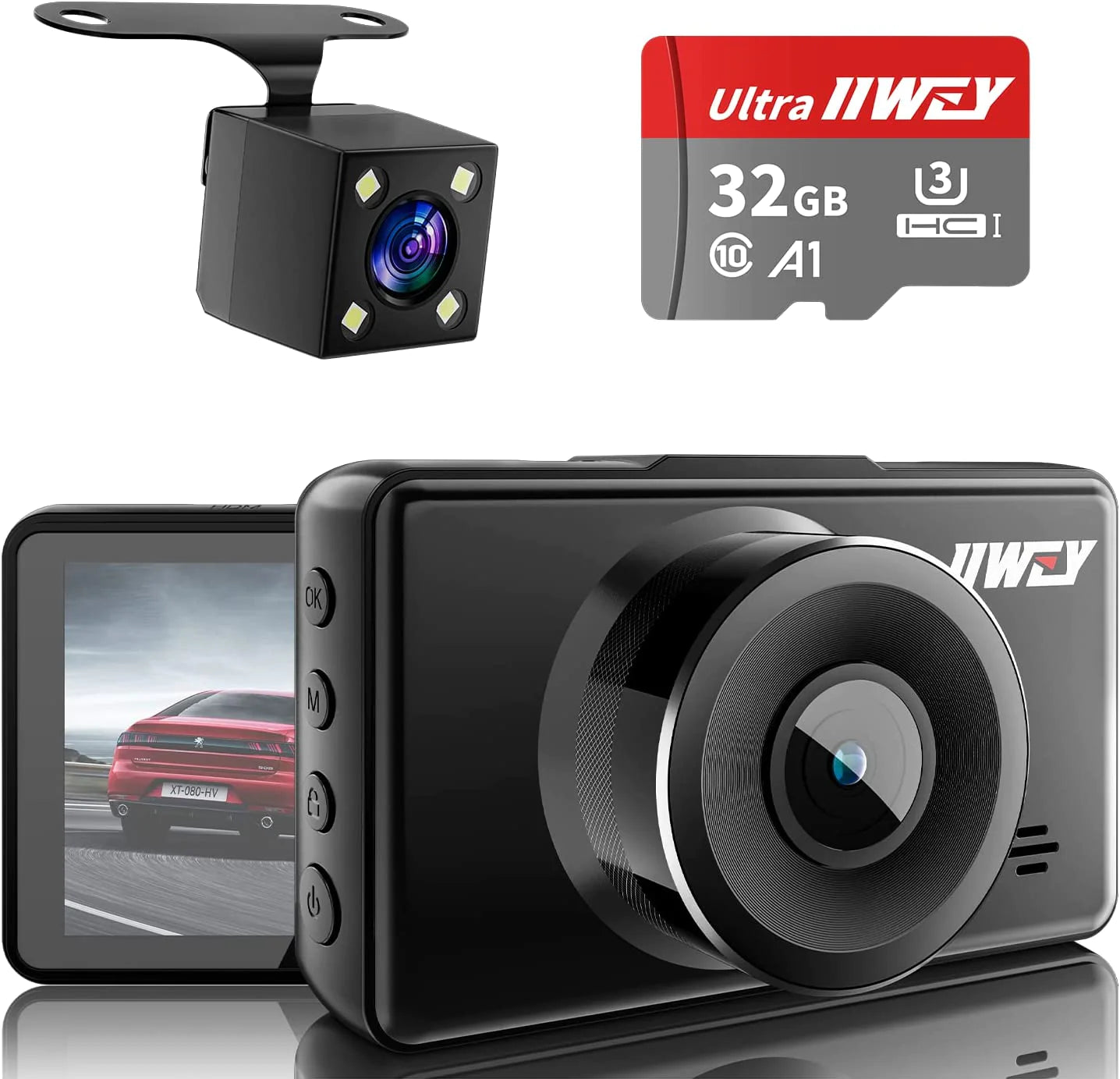 IIWEY DC01 Dash Cam Front and Rear Camera FHD 1080P with Night Vision SD Card Included, 3 Inch IPS Screen Dash Cam for Car, 170° Wide Angle Dashboard Camera Motion Detection Parking Monitor G-Sensor