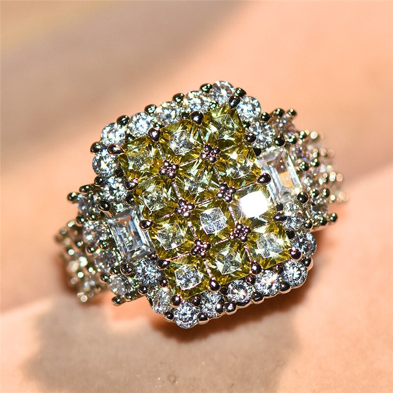 Female Crystal Yellow Stone Ring Brilliant White Gold Filled Promise Engagement Rings For Women