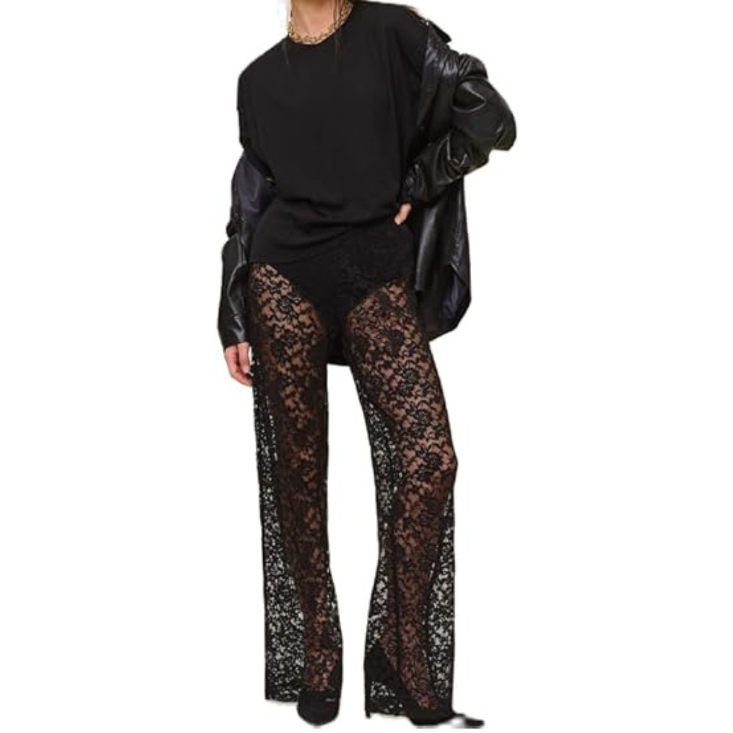 Women Lace Tiered Frill Trousers Mesh See Through Ruffle Layered Pants Low Waist Jacquard Lace Wide Leg Trousers