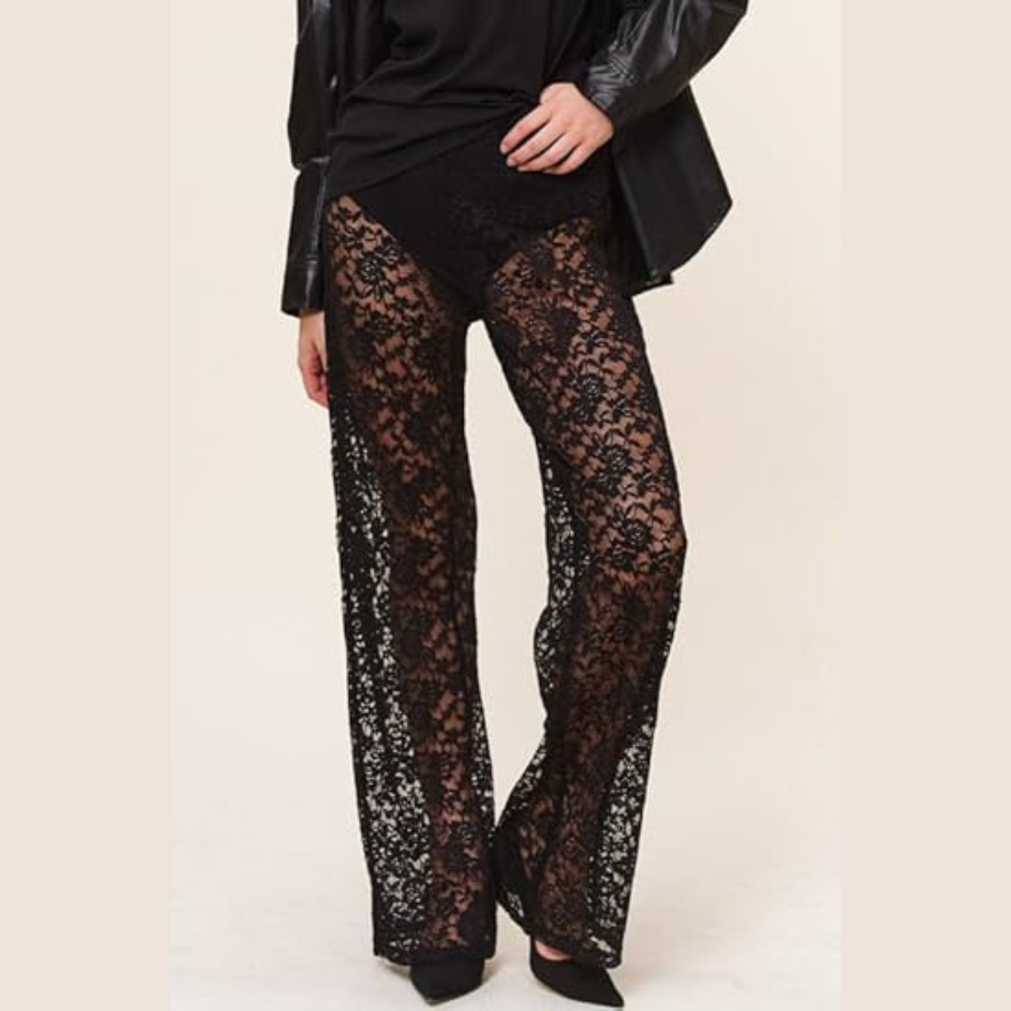 Women Lace Tiered Frill Trousers Mesh See Through Ruffle Layered Pants Low Waist Jacquard Lace Wide Leg Trousers