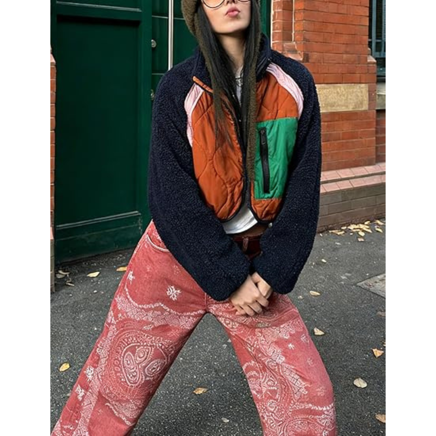 Womens Fuzzy Fleece Jacket Cropped Zip Up Long Sleeve Casual Outwear Warm Winter Patchwork Jackets