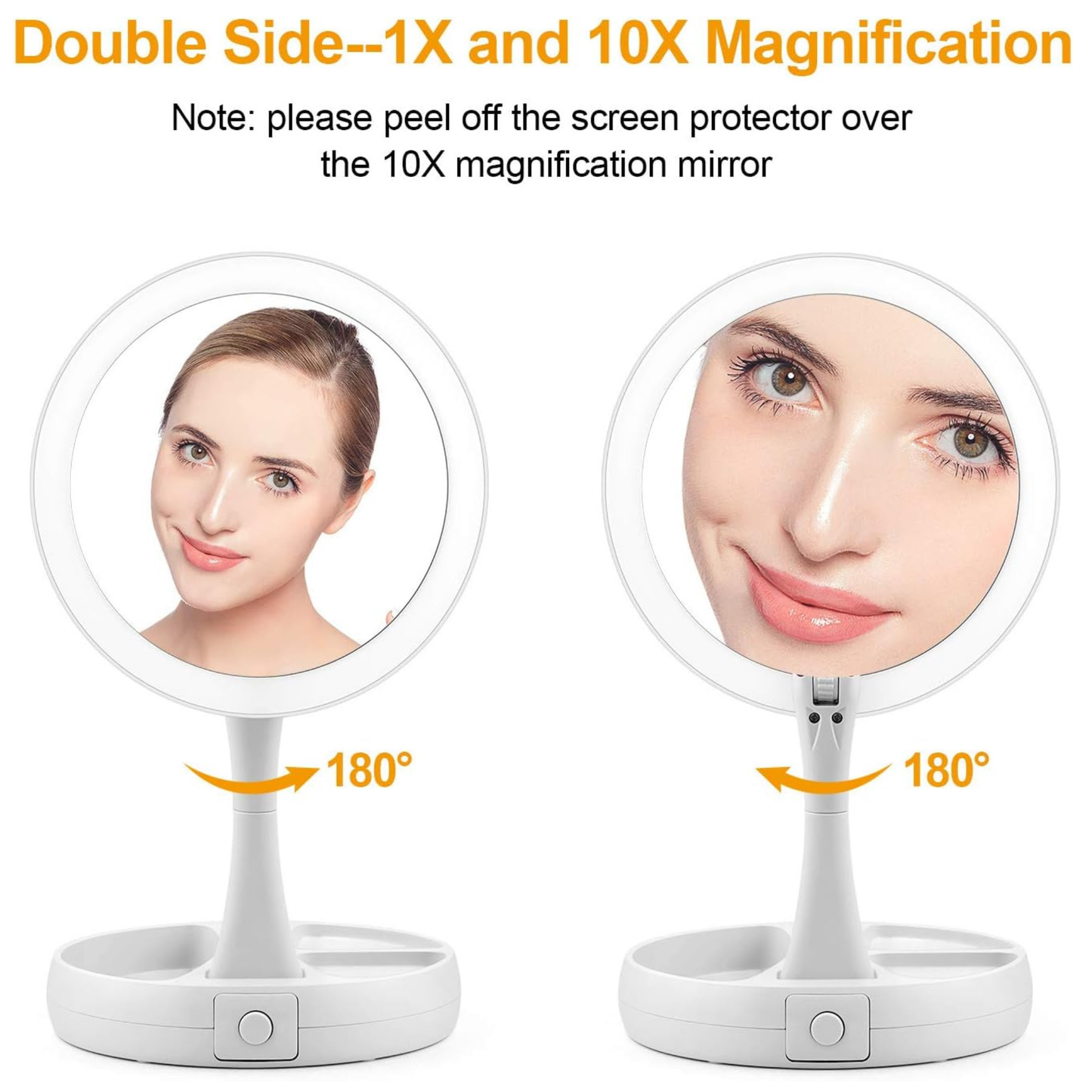 Makeup Mirror with Light, 1X & 10X Magnifying, Free Standing Tabletop, Dual Power Supply LED