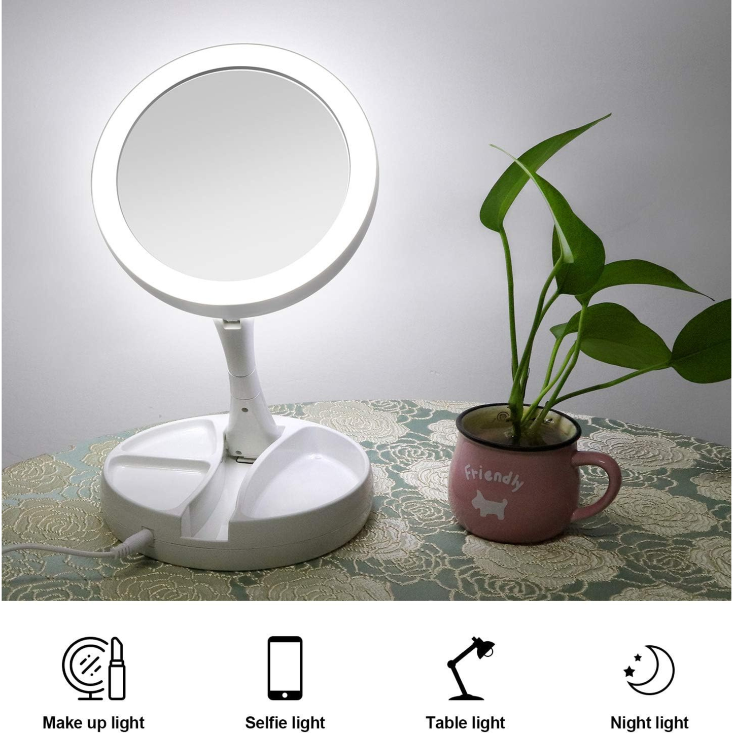 Makeup Mirror with Light, 1X & 10X Magnifying, Free Standing Tabletop, Dual Power Supply LED