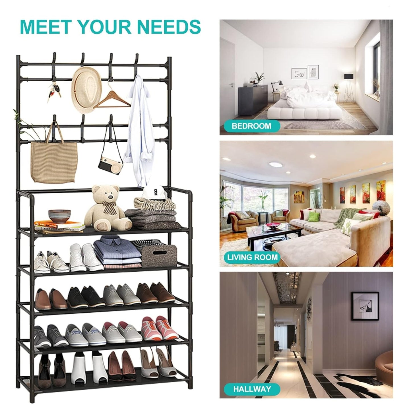 Multifunctional Shoe and Hat Rack - Hall Tree,Freestanding Shoe Rack, Coat Hat Umbrella Rack,Storage Shelves,Entryway Coat Rack,Organizer Closet for Bedroom,Cloakroom (5 Tier, Black)