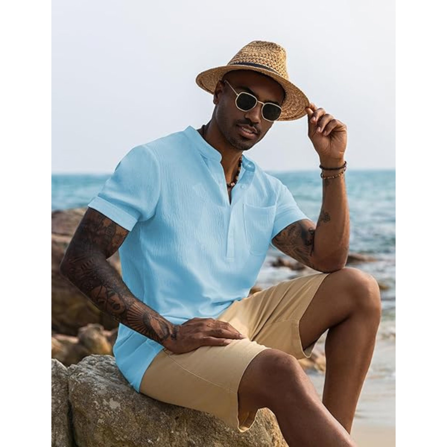 MEN’S CASUAL HENLEY SHIRT BAND COLLAR SHORT SLEEVE SHIRT SUMMER BEACH HIPPIE SHIRT LIGHT BLUE M