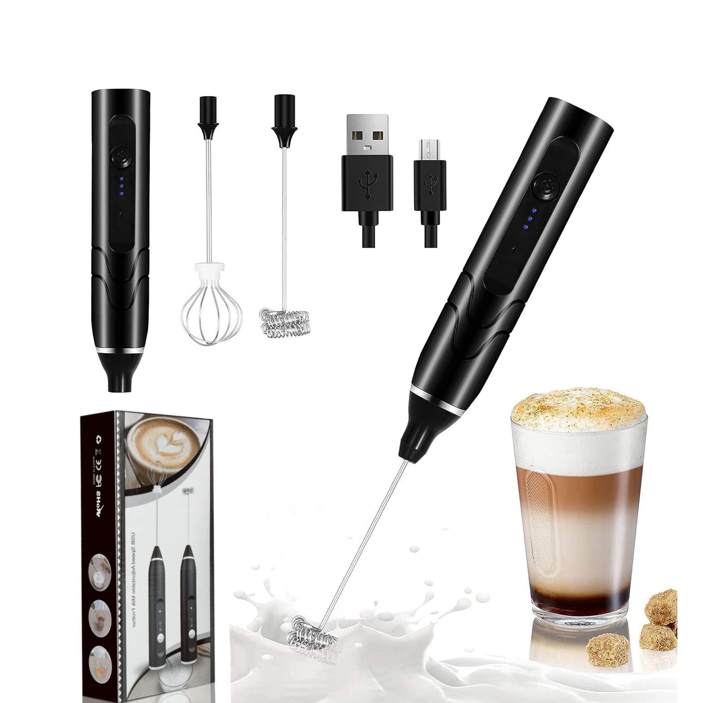 Rechargeable Coffee Beater Foam Maker with Double Whisk, Upgraded 3 Speeds Frother Handheld for Milk Coffee, Latte, Matcha Type-c , Black