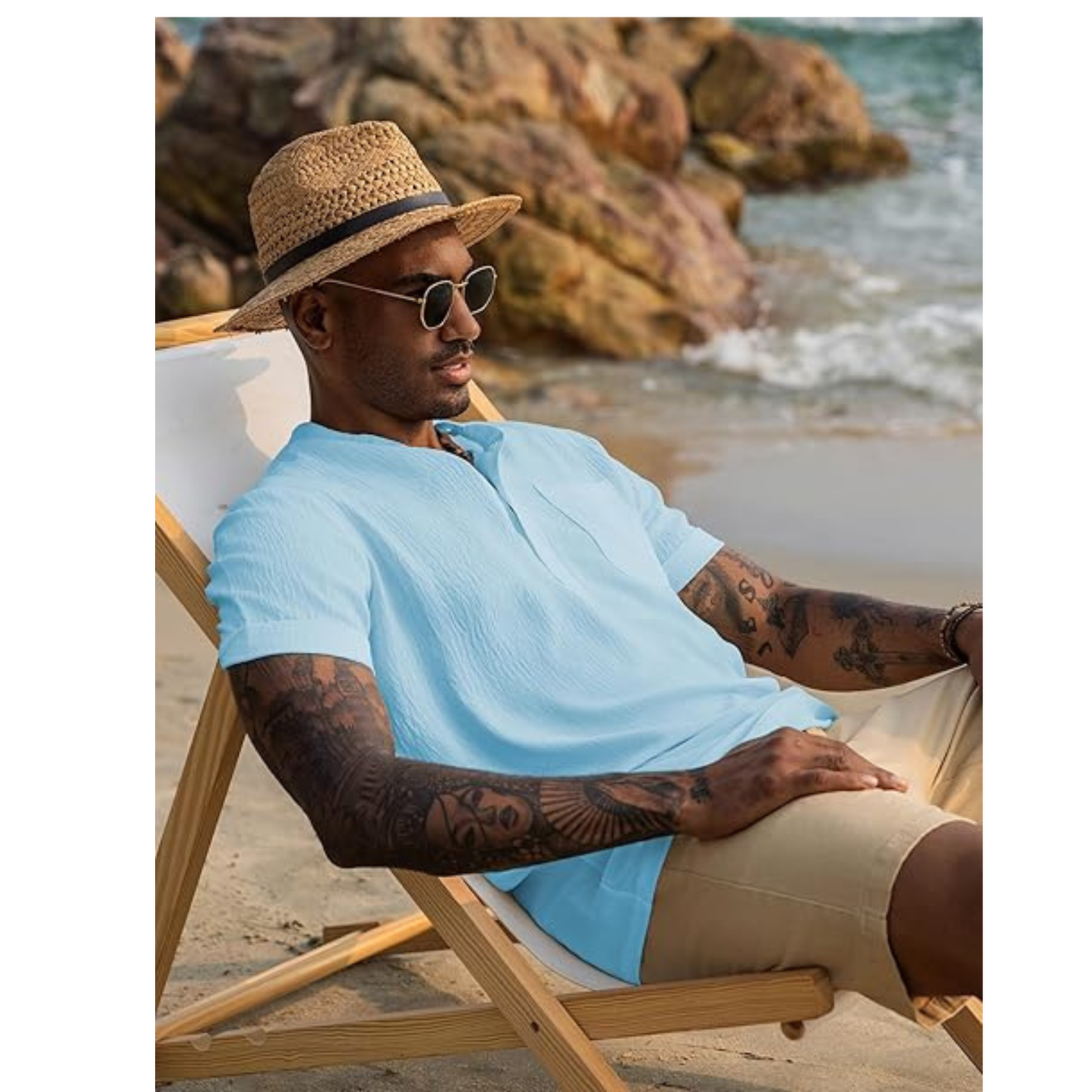 MEN’S CASUAL HENLEY SHIRT BAND COLLAR SHORT SLEEVE SHIRT SUMMER BEACH HIPPIE SHIRT LIGHT BLUE M