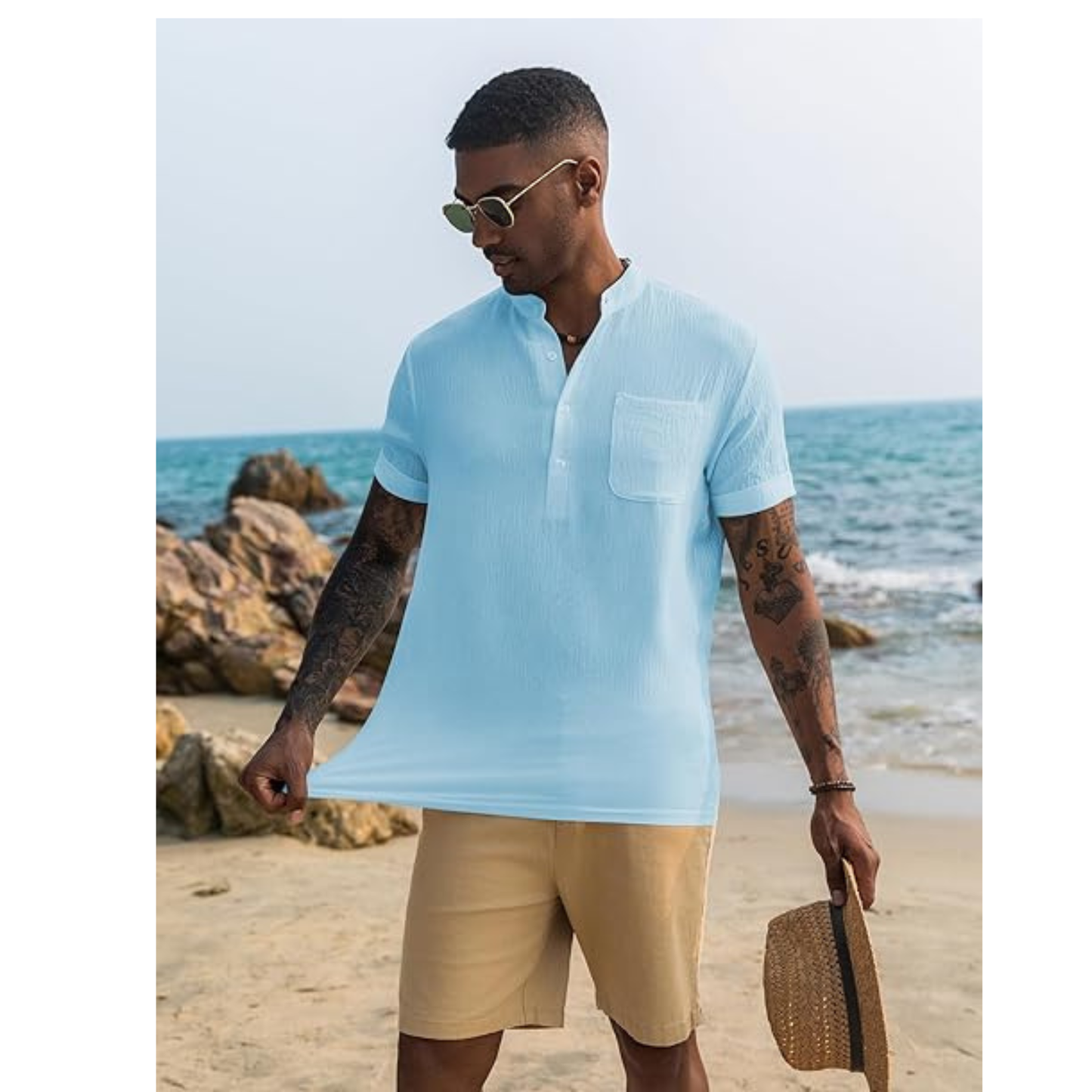 MEN’S CASUAL HENLEY SHIRT BAND COLLAR SHORT SLEEVE SHIRT SUMMER BEACH HIPPIE SHIRT LIGHT BLUE M