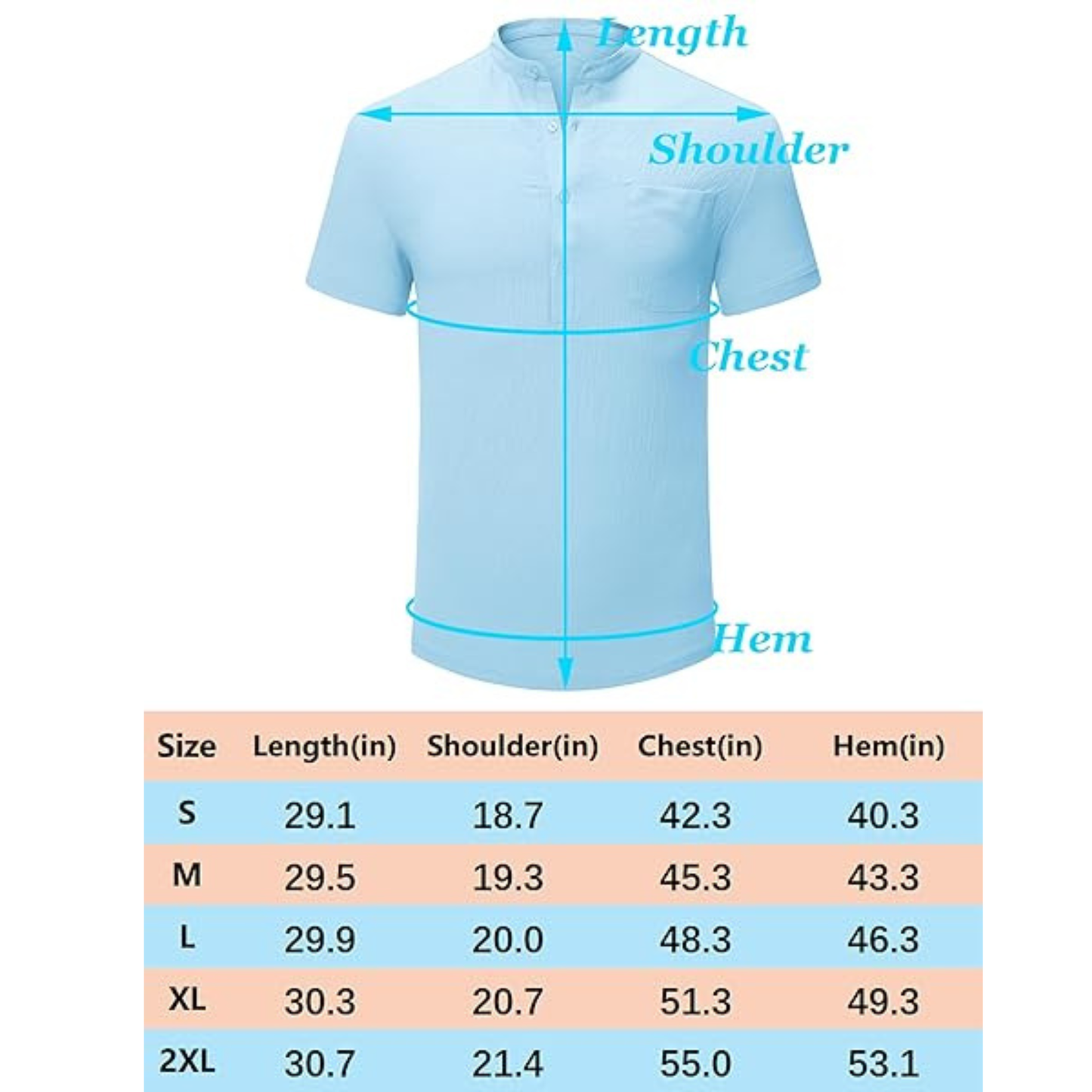 MEN’S CASUAL HENLEY SHIRT BAND COLLAR SHORT SLEEVE SHIRT SUMMER BEACH HIPPIE SHIRT LIGHT BLUE M