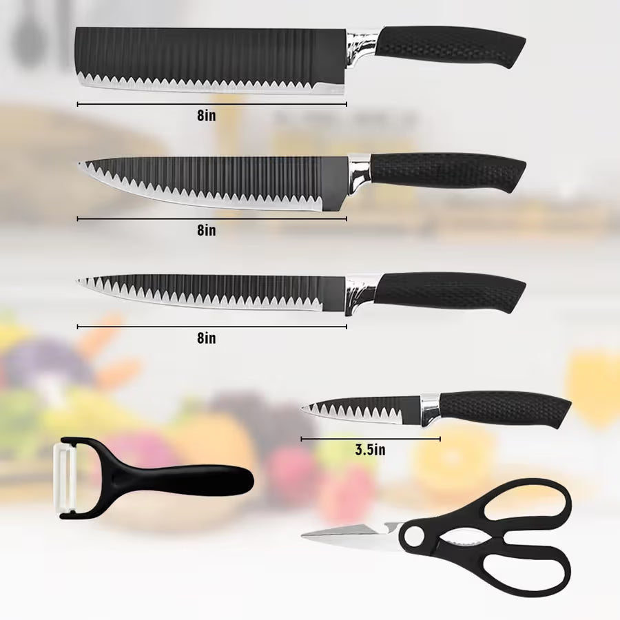 EVERIERH 6 Pieces Black Knife Set, Stainless Steel and Non-Stick Blades, Including Peeler and Scissor, Kitchen Cutlery Knives Set, Cooking Utensil Sets, Daily Use with Gift Box
