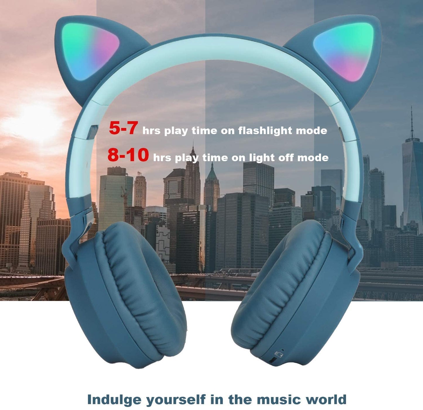 Kids Cat Ear Headphones,Wireless Bluetooth Headphones with Flashing Led Light, SD Card Slot, FM,3.5 mm Audio Jack Wired Kids On Ear Headphones for Boys Girls Adults(Dark Blue)