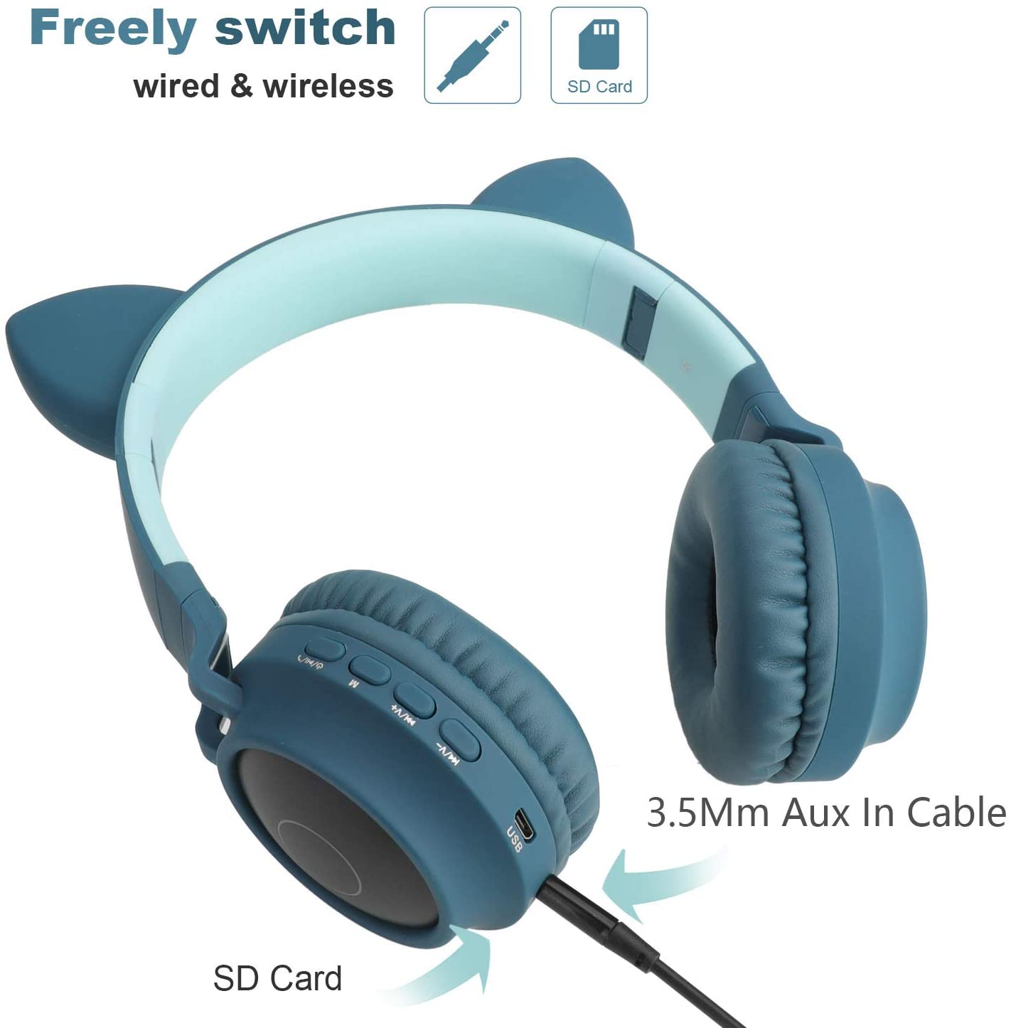 Kids Cat Ear Headphones,Wireless Bluetooth Headphones with Flashing Led Light, SD Card Slot, FM,3.5 mm Audio Jack Wired Kids On Ear Headphones for Boys Girls Adults(Dark Blue)