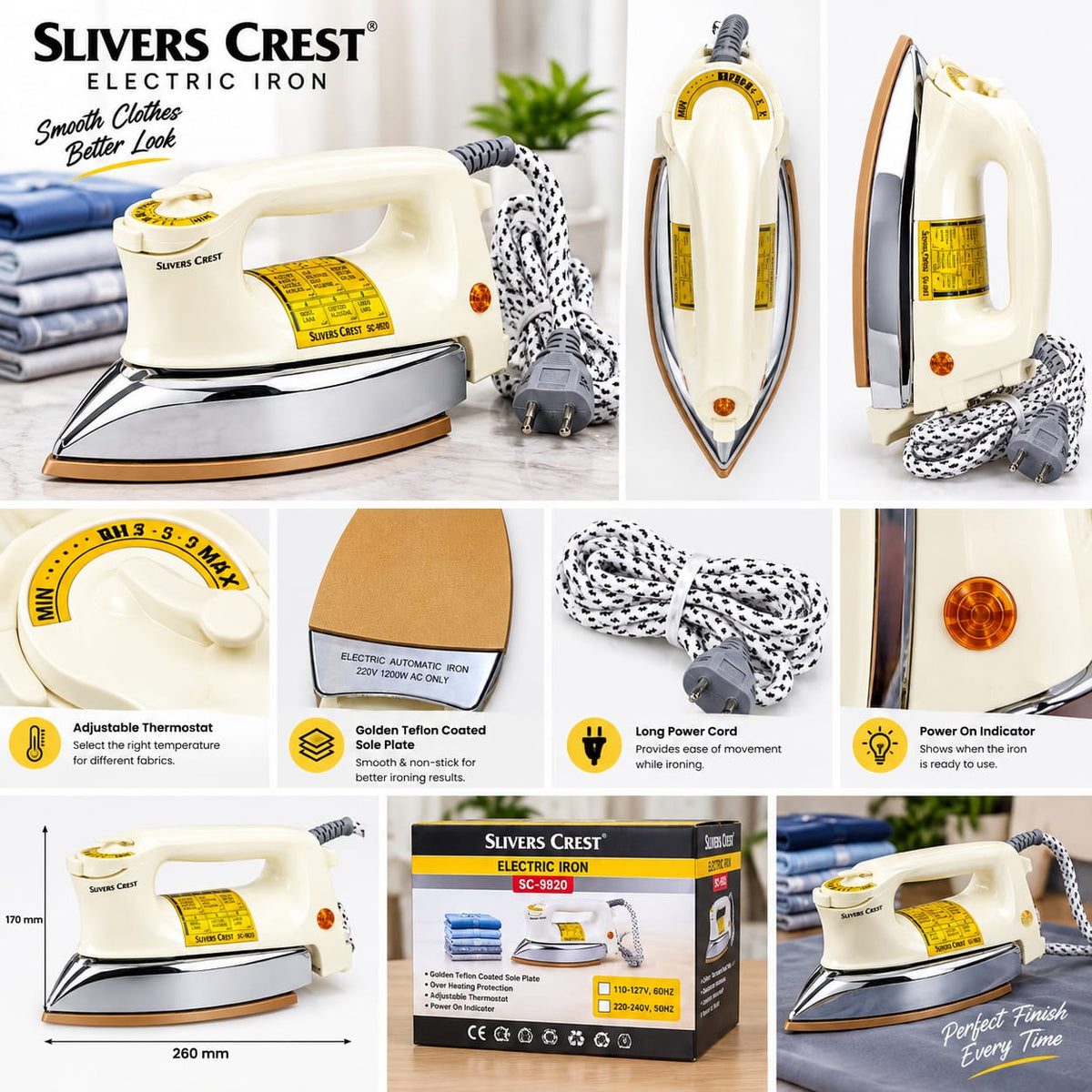 Slivers Criest Electric Dry Iron SC-9820 – 1200W Heavy Weight Iron with Non-Stick Ceramic Soleplate, Fast Heating, Adjustable Temperature Control, Dry Iron for Clothes – 2.0kg