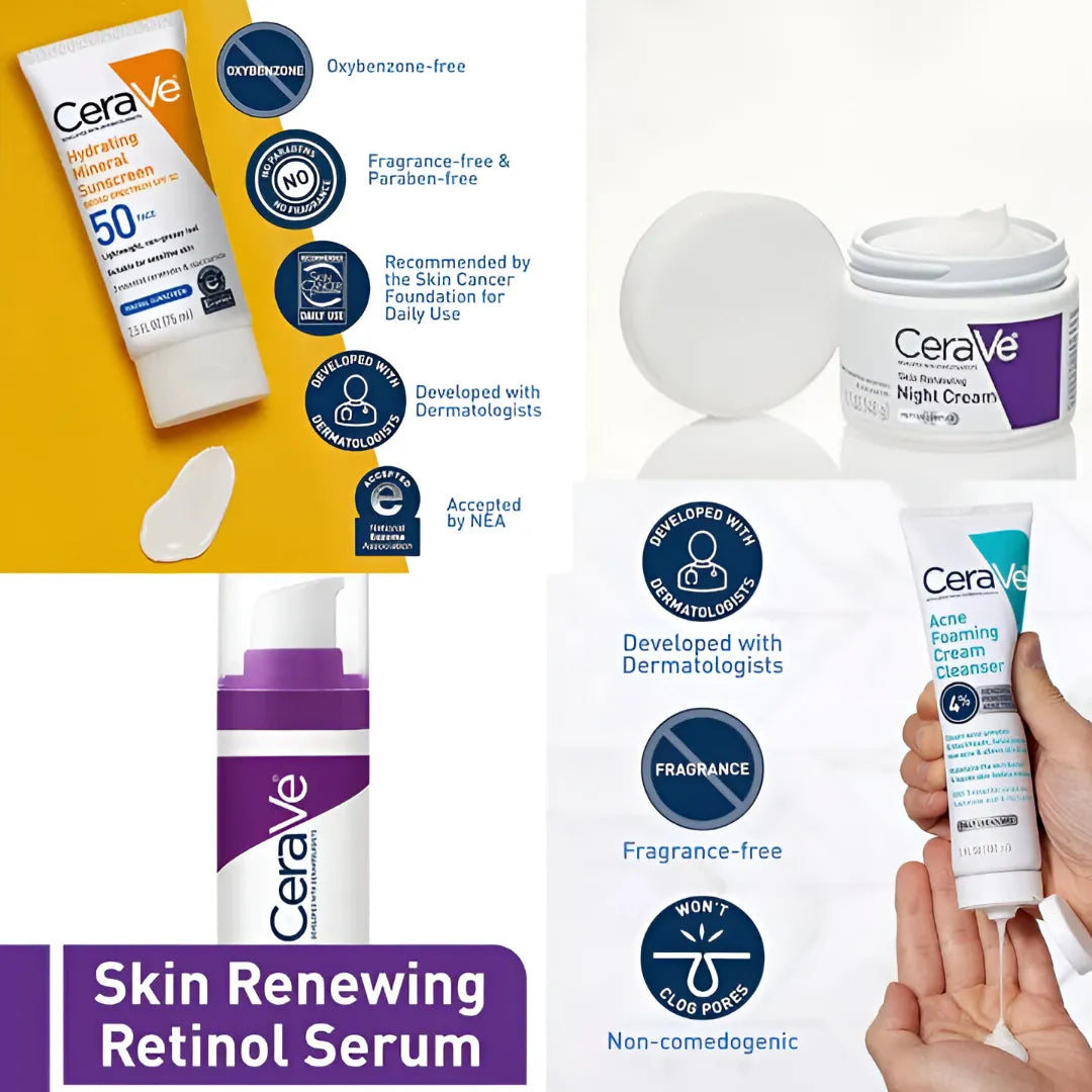 CeraVe 4-in-1 Skincare Kit | Cleanser, Night Cream, Retinol Serum & Sunscreen
