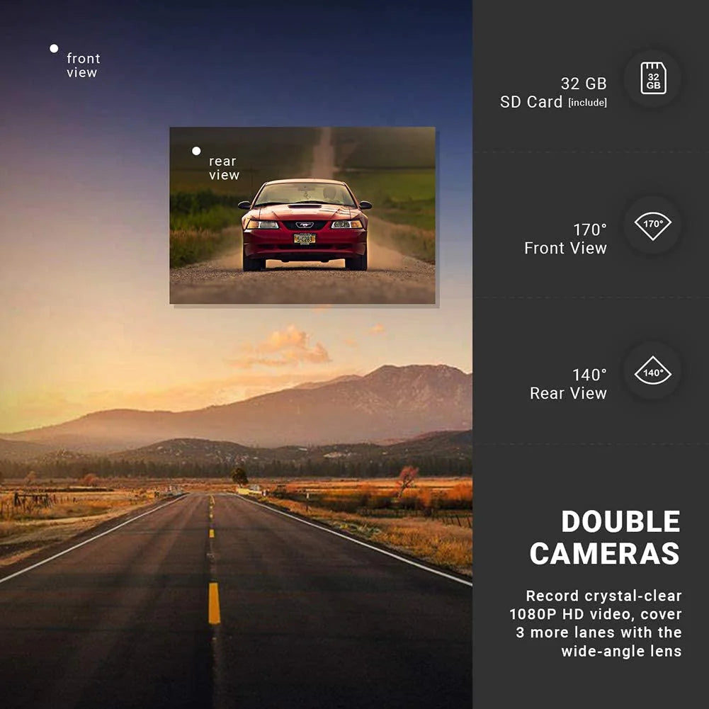 IIWEY DC01 Dash Cam Front and Rear Camera FHD 1080P with Night Vision SD Card Included, 3 Inch IPS Screen Dash Cam for Car, 170° Wide Angle Dashboard Camera Motion Detection Parking Monitor G-Sensor