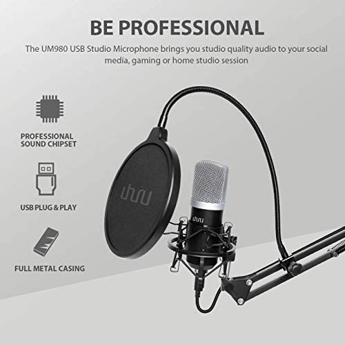 USB Microphone,UHURU Cardioid Condenser PC Microphone,Pop Filter,Shock Mount,Mic Stand for Gaming, Streaming, Podcast, YouTube, Twitch,Skype, Compatible with PC, Laptop, PS4 UM-980