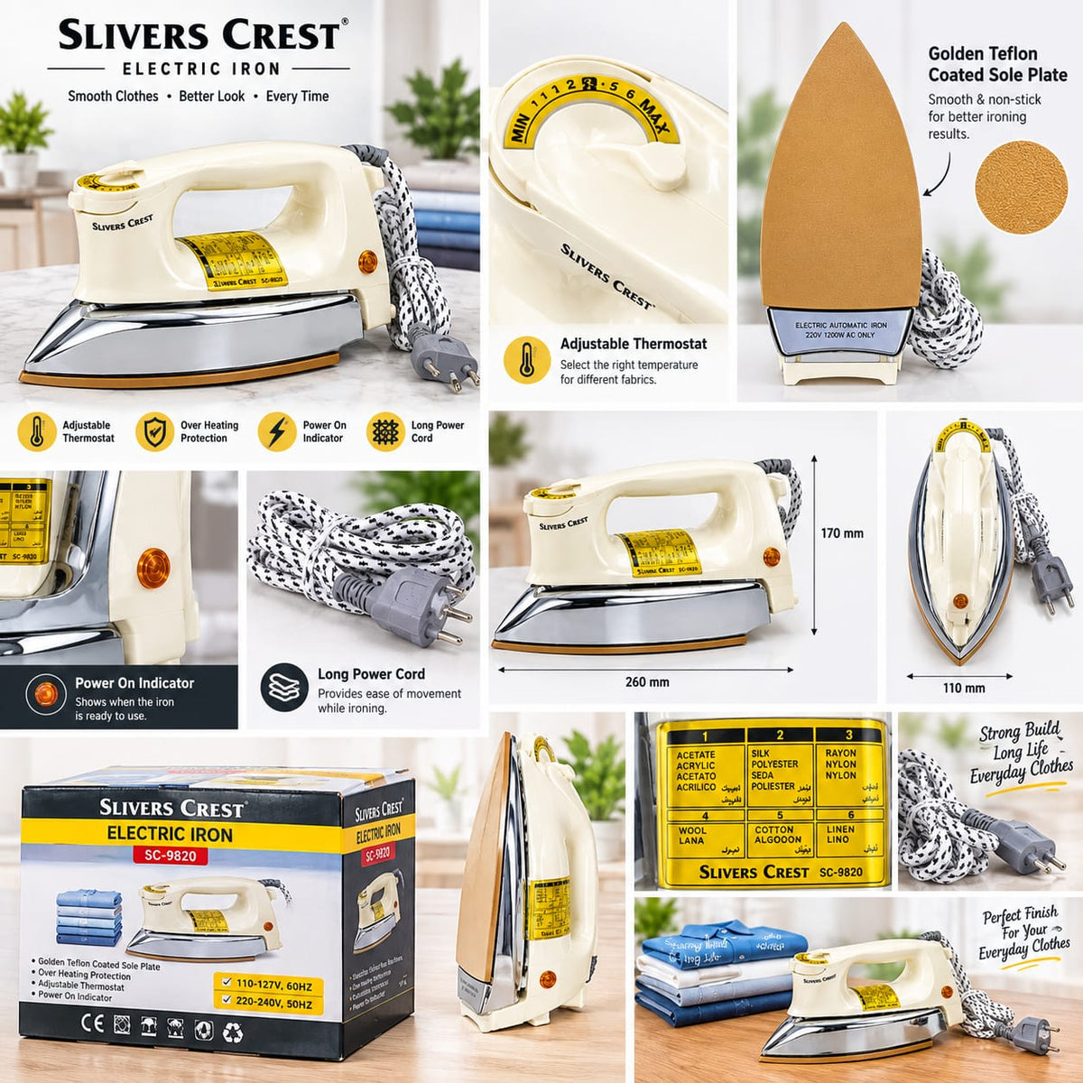 Slivers Criest Electric Dry Iron SC-9820 – 1200W Heavy Weight Iron with Non-Stick Ceramic Soleplate, Fast Heating, Adjustable Temperature Control, Dry Iron for Clothes – 2.0kg
