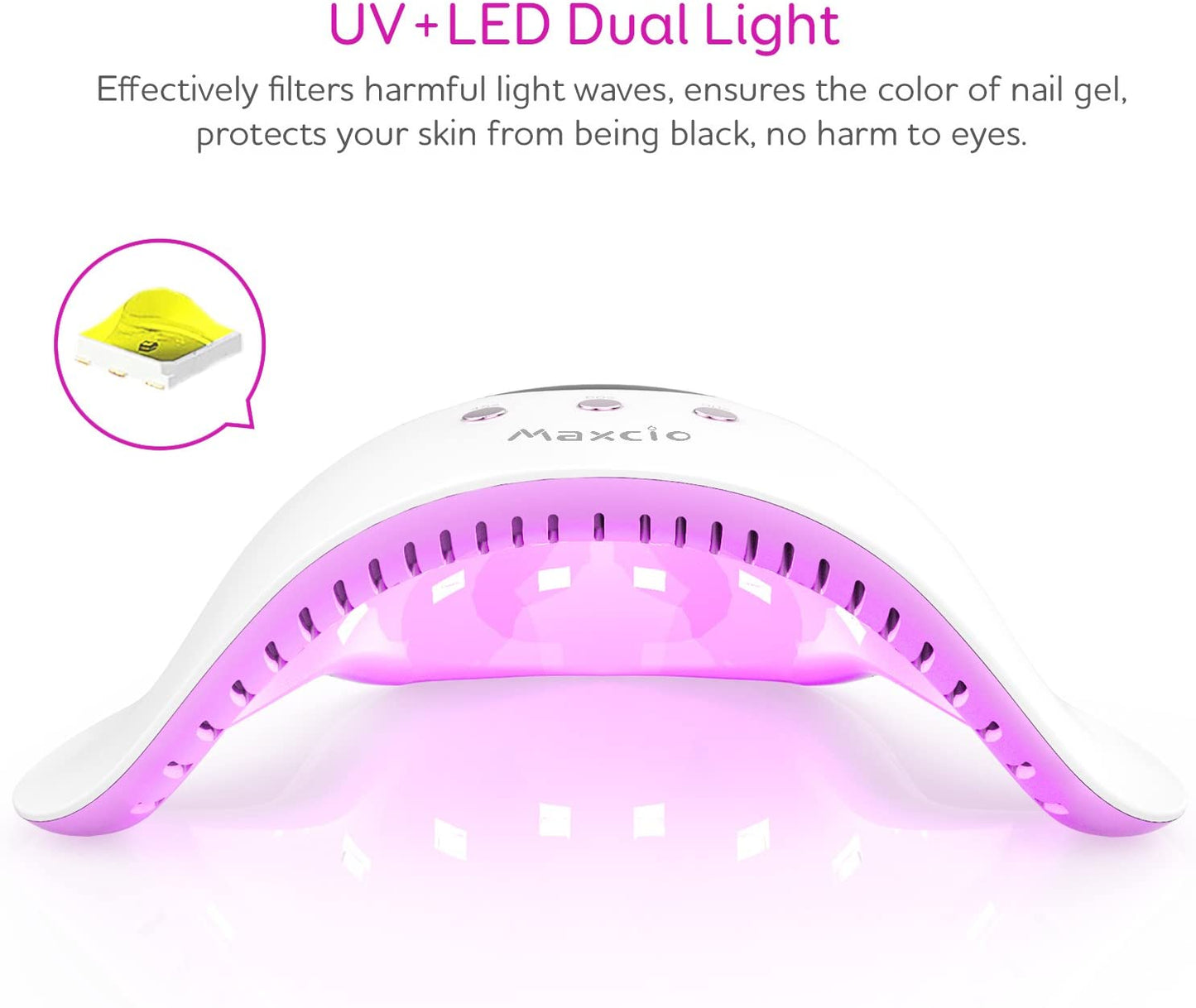 مجفف أظافر Maxcio UV LED لطلاء الجل مع مؤقت 30/60/90 ثانية، شاشة LCD، قاعدة قابلة للإزالة، مصدر طاقة USB ومستشعر ذكي (24 واط)