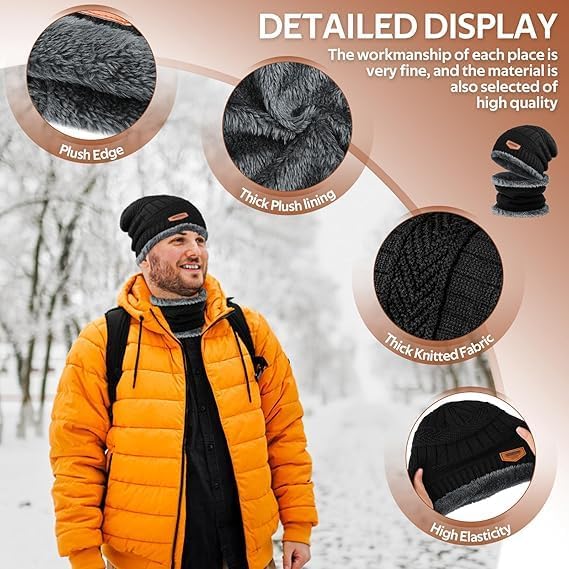Winter Cap Set Caps with Fur Lining, Beanie Cap & Muffler for Men & Women| Beanie Cap| Woolen Topaa| Winter Cap| Head & Neck Warmer| Black Color| 1 Set|