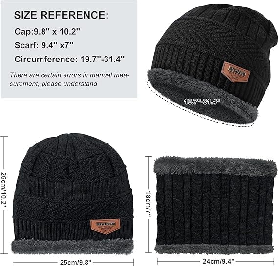 Winter Cap Set Caps with Fur Lining, Beanie Cap & Muffler for Men & Women| Beanie Cap| Woolen Topaa| Winter Cap| Head & Neck Warmer| Black Color| 1 Set|