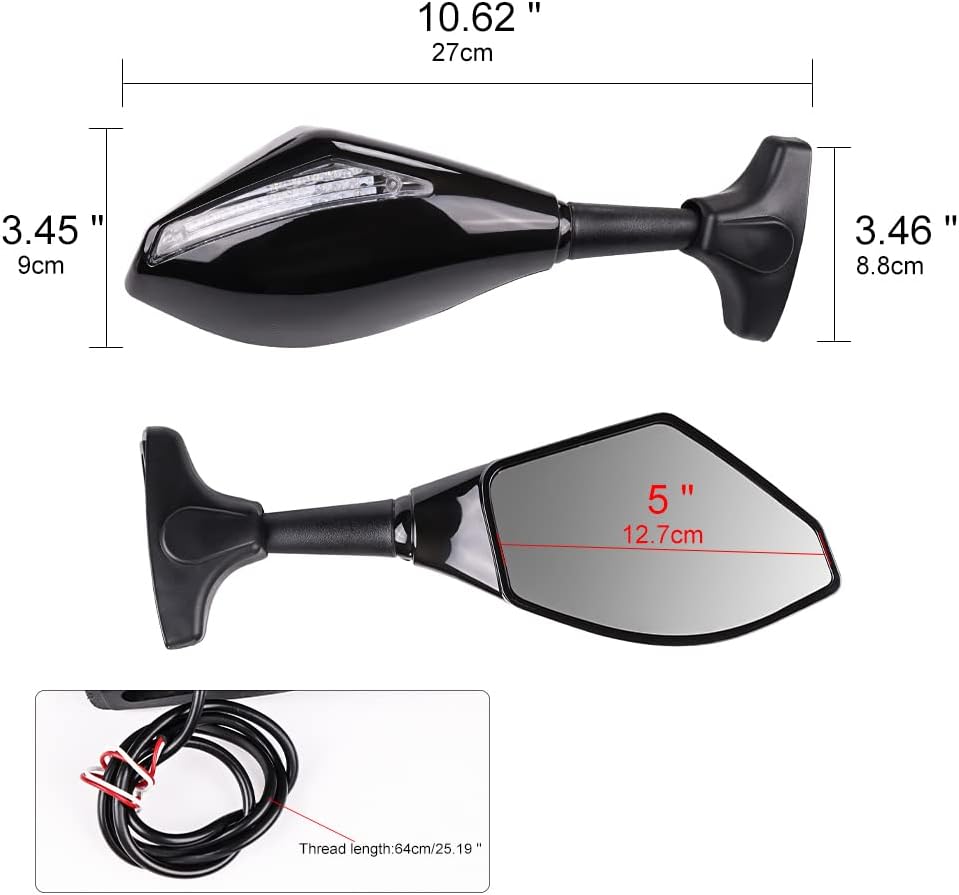Motorcycle Rearview Side Mirrors with LED Turn Signals for Yama' YZF R6 99-08 R6s FZ1 FAZER 06-09 600 95-09 FZR600 89-99 Adjustable Rotating Rear view Mirror Accessories (C Black+Clear Lens)
