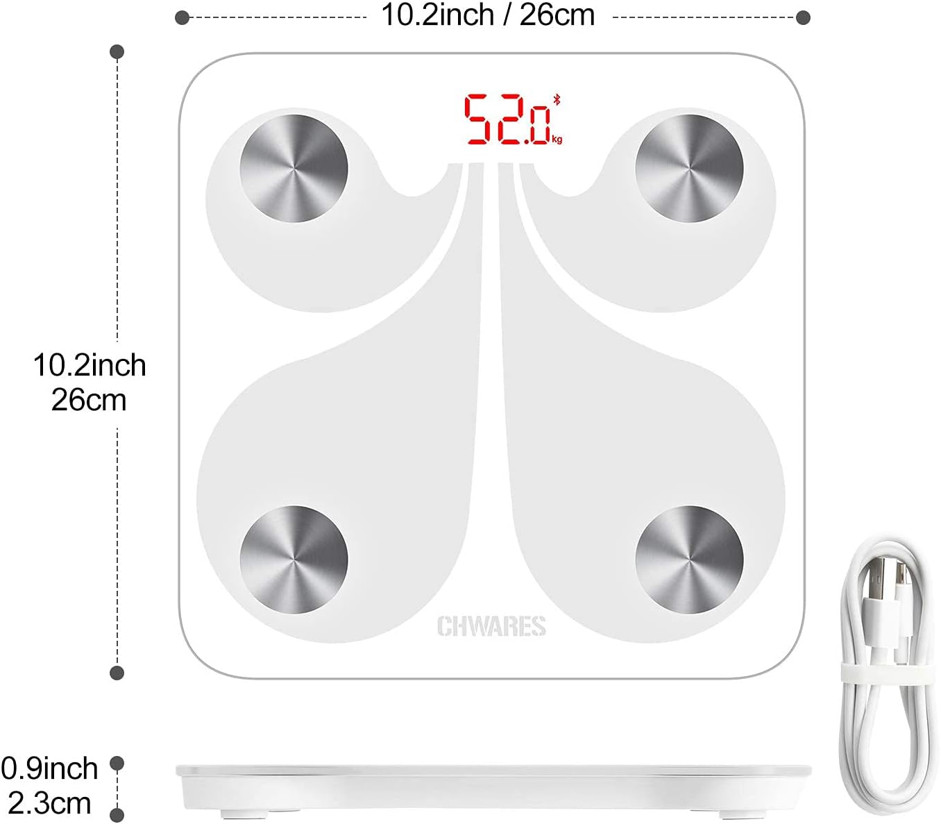 Body Fat Scale, USB Rechargeable Digital Weight Bathroom Scales, CHWARES Smart BMI Scale with 13 Body Data, Electronic Scale for Body Weight with Bluetooth, 400lbs, Digital Bathroom Weight Scale white