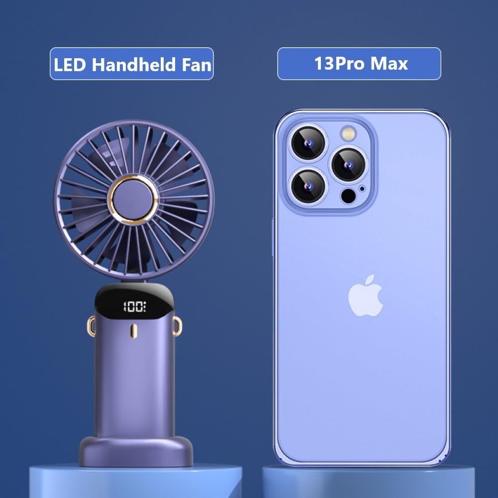 Portable Handheld Fan, USB Rechargeable Personal Fan, 1200mAh, 90° Foldable Mini Desk Fan with Led Digital Display, 5 Speeds Multi-Function Fan for Outdoor Indoor