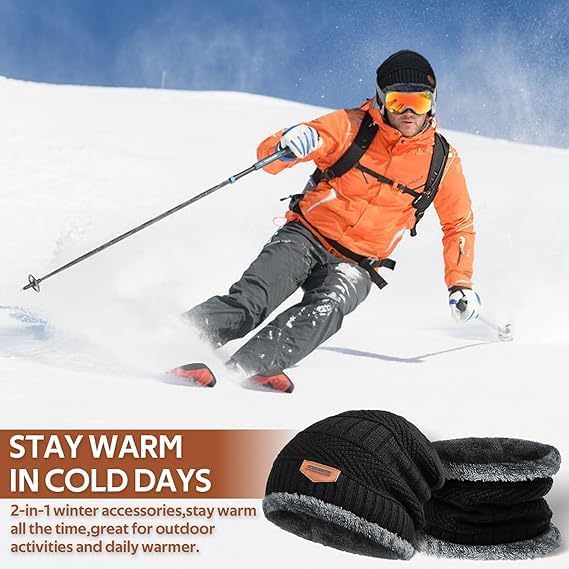 Winter Cap Set Caps with Fur Lining, Beanie Cap & Muffler for Men & Women| Beanie Cap| Woolen Topaa| Winter Cap| Head & Neck Warmer| Black Color| 1 Set|