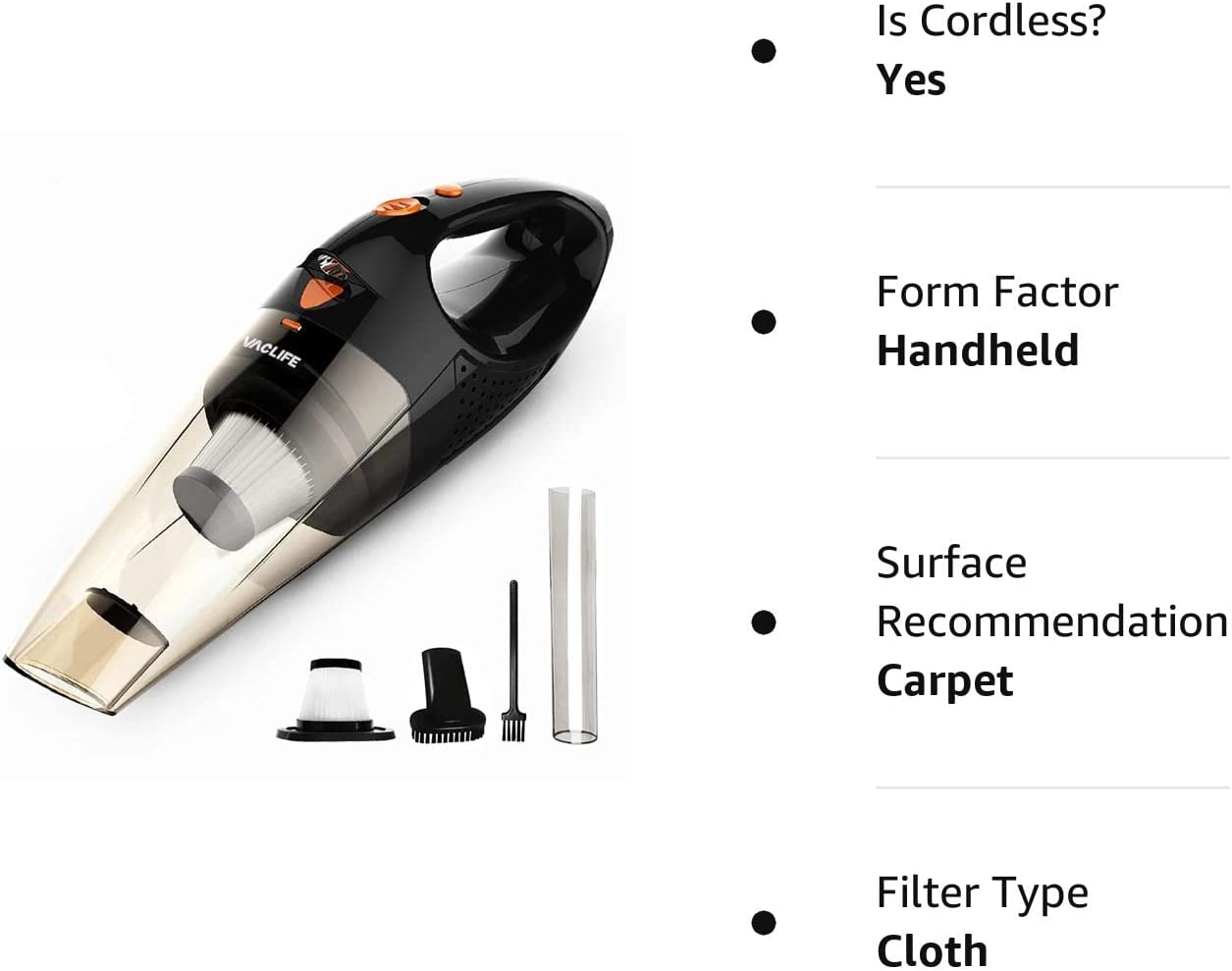 VacLife Handheld Vacuum, Car Vacuum Cleaner Cordless, Mini Portable Rechargeable Wireless Vacuum Cleaner with 2 Filters, Orange (VL189)
