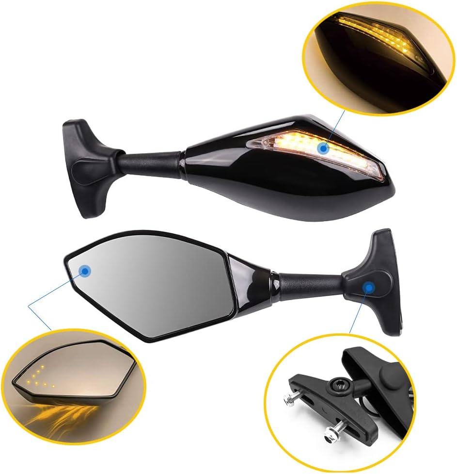 Motorcycle Rearview Side Mirrors with LED Turn Signals for Yama' YZF R6 99-08 R6s FZ1 FAZER 06-09 600 95-09 FZR600 89-99 Adjustable Rotating Rear view Mirror Accessories (C Black+Clear Lens)
