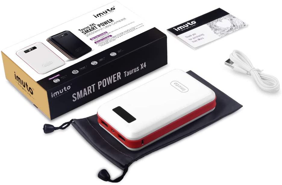 imuto 20000mAh Portable Charger Compact Power Bank External Battery Pack LED Digital Display Smart Charge, Li-Polymer Battery Banks iPhone, iPad, Samsung Galaxy/Note, Tablet and More (White)