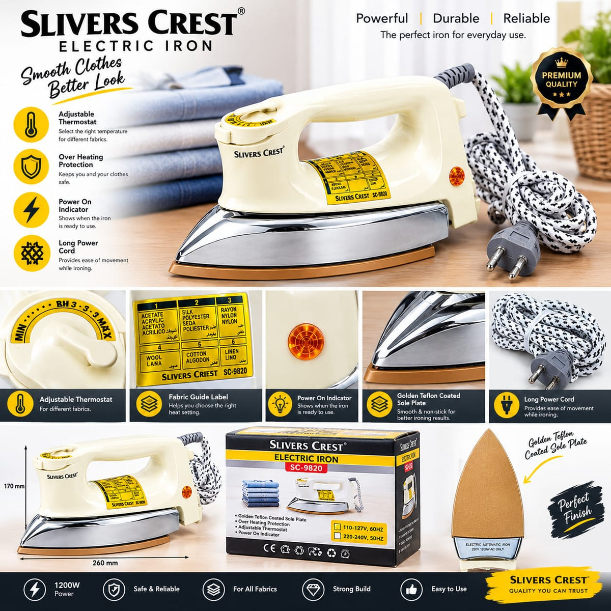 Slivers Criest Electric Dry Iron SC-9820 – 1200W Heavy Weight Iron with Non-Stick Ceramic Soleplate, Fast Heating, Adjustable Temperature Control, Dry Iron for Clothes – 2.0kg