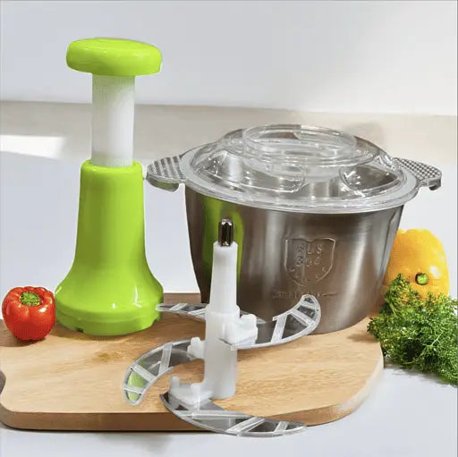 Stainless Steel Manual Food Chopper 2L – Multi-Purpose Vegetable, Fruit & Nut Cutter with Hand Push Blades