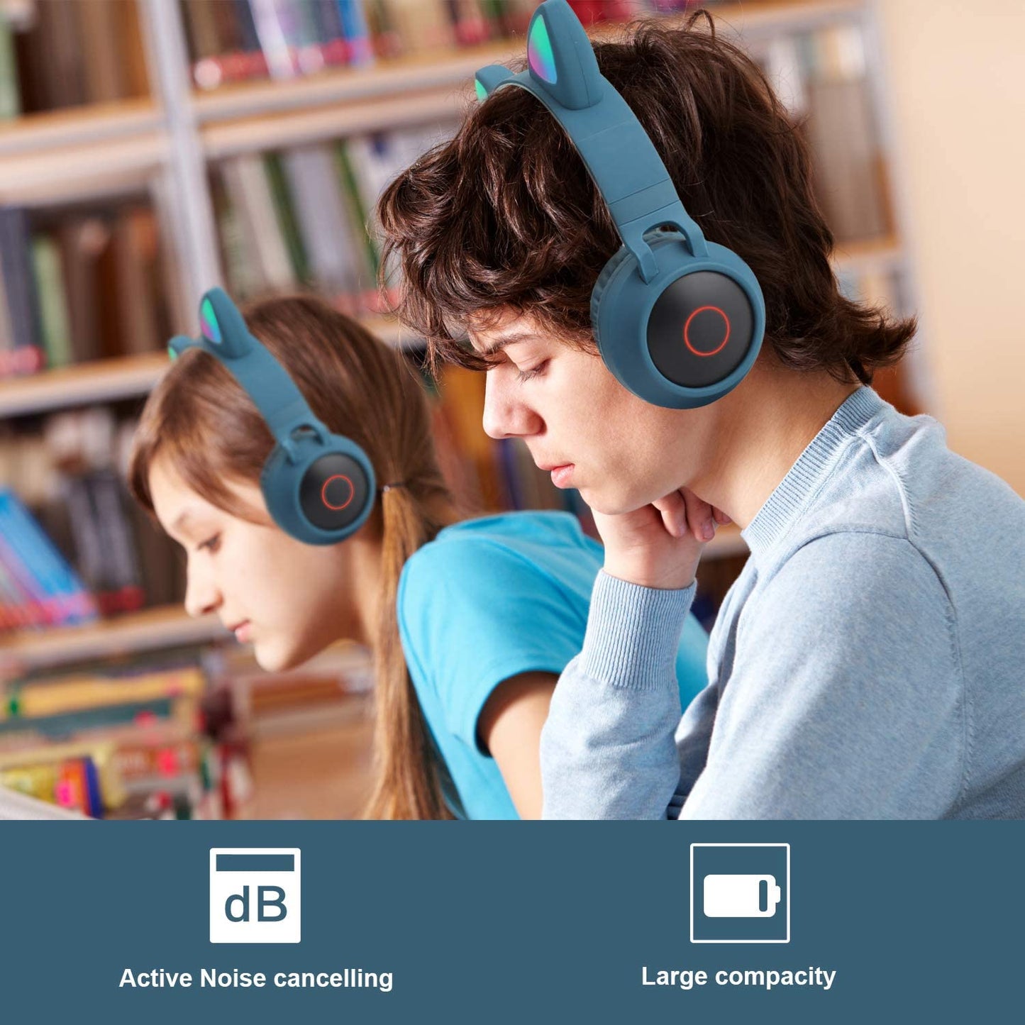 Kids Cat Ear Headphones,Wireless Bluetooth Headphones with Flashing Led Light, SD Card Slot, FM,3.5 mm Audio Jack Wired Kids On Ear Headphones for Boys Girls Adults(Dark Blue)