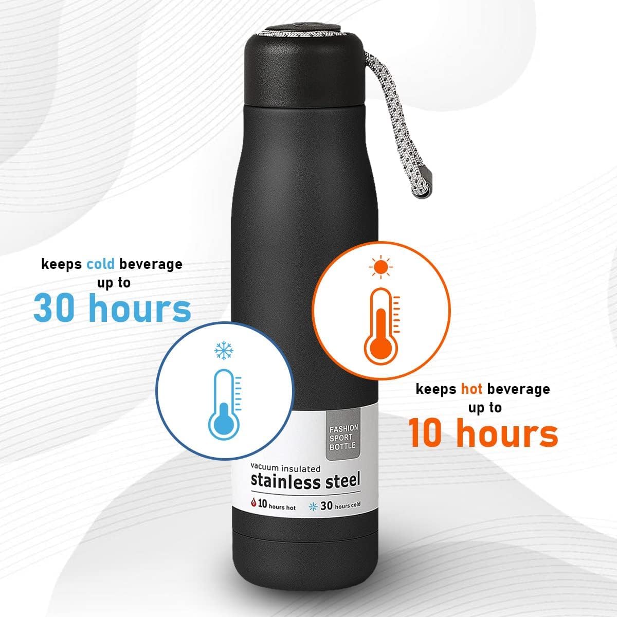 Water Bottle 550ml, Stainless Steel Vacuum Insulated Water Bottle, Thermal Flask for Hot & Cold Drinks, Double Wall and Leak proof Lid, BPA-Free