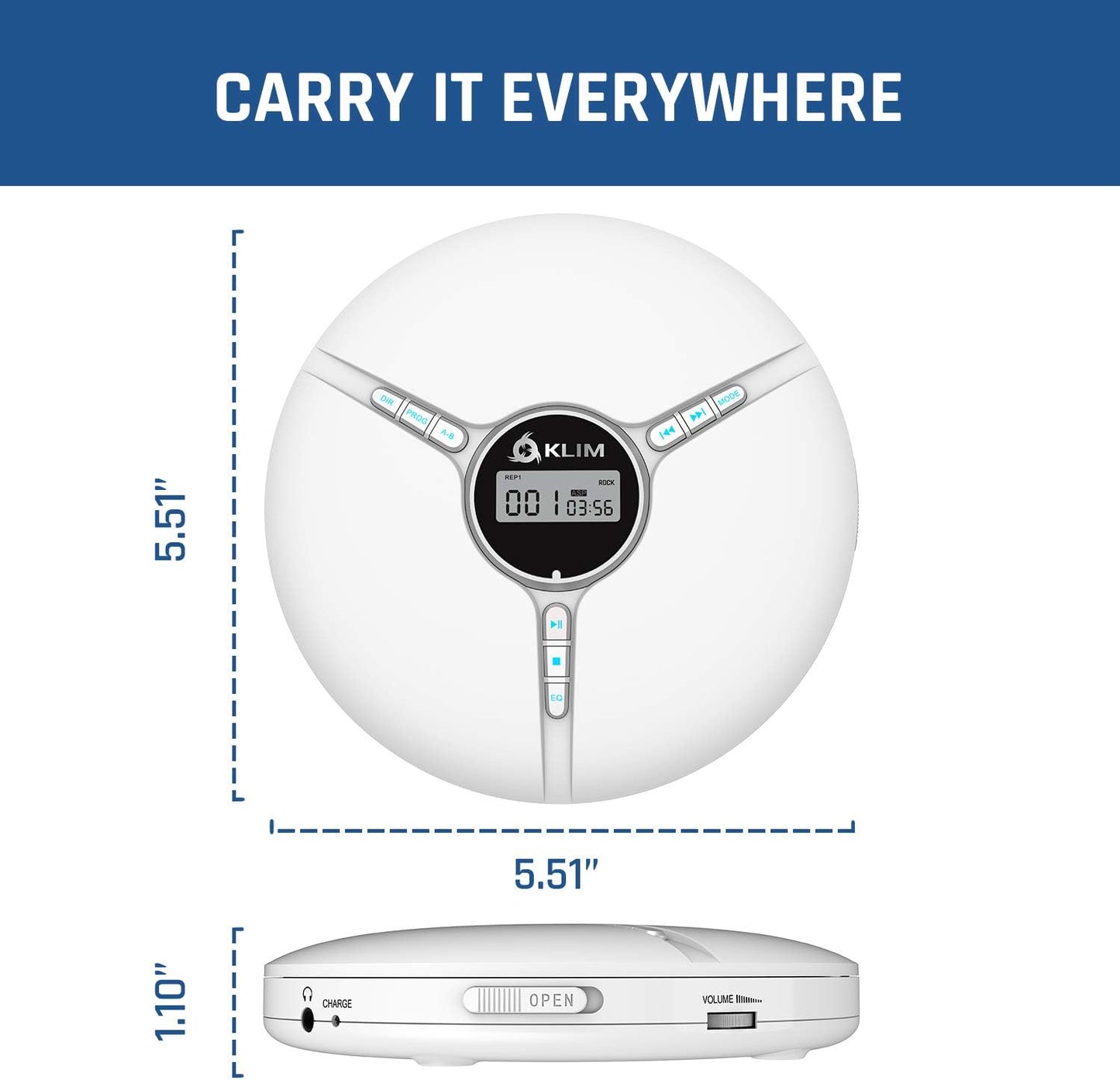 KLIM Discman Portable CD Player with a Built-in Battery - New 2023 Version + Ideal Car CD Player with Earphones + Compatible CD-R, CD-RW, MP3. Compact Mini CD Players Personal CD Walkman - White
