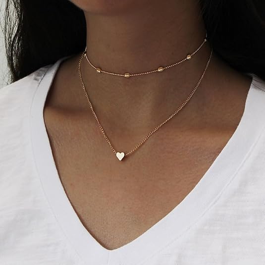 قلادة Aluinn Love Heart Choker متعددة الطبقات مع قلادة Golc من الخرز البسيط وسلسلة بسيطة للنساء