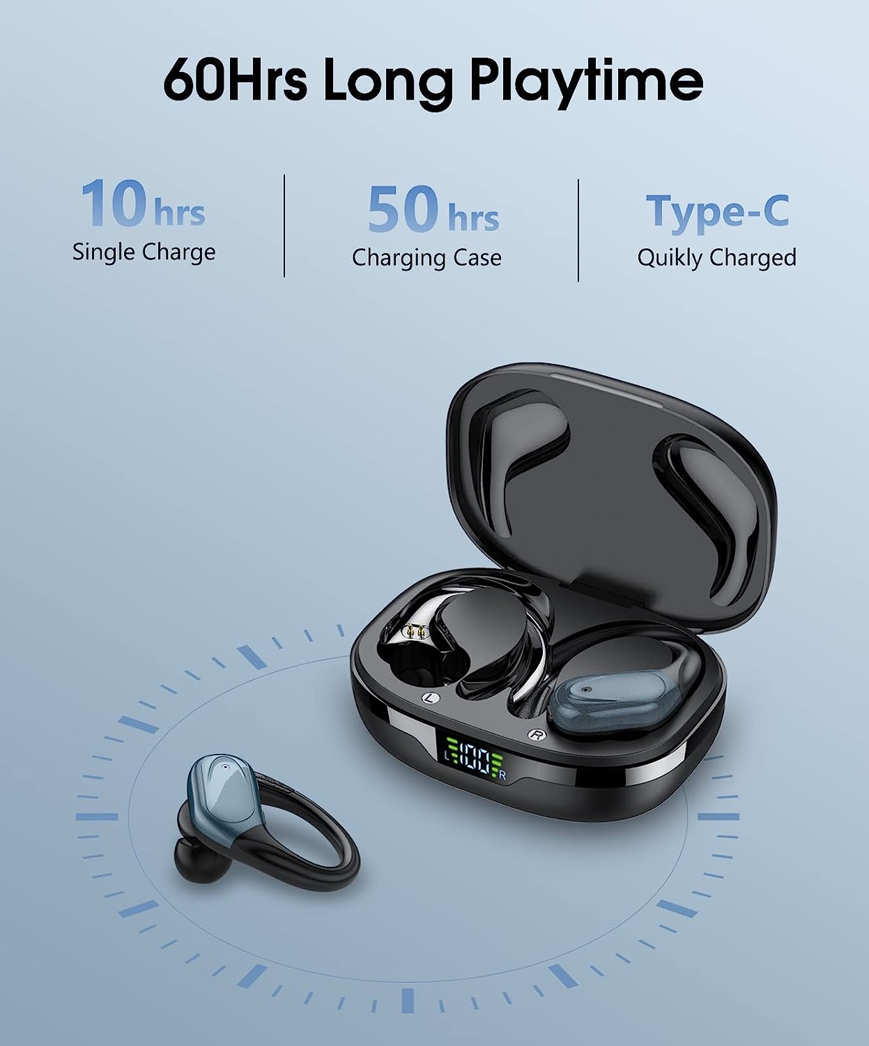 Tiksounds Wireless Earbuds, Bluetooth 5.3 Headphones, Bluetooth Earbuds with LED Display, 60 Hrs of Playtime, IPX7 Waterproof, Stereo Sound, Over Ear Earphones with Mic for Sports Running Workout Gym