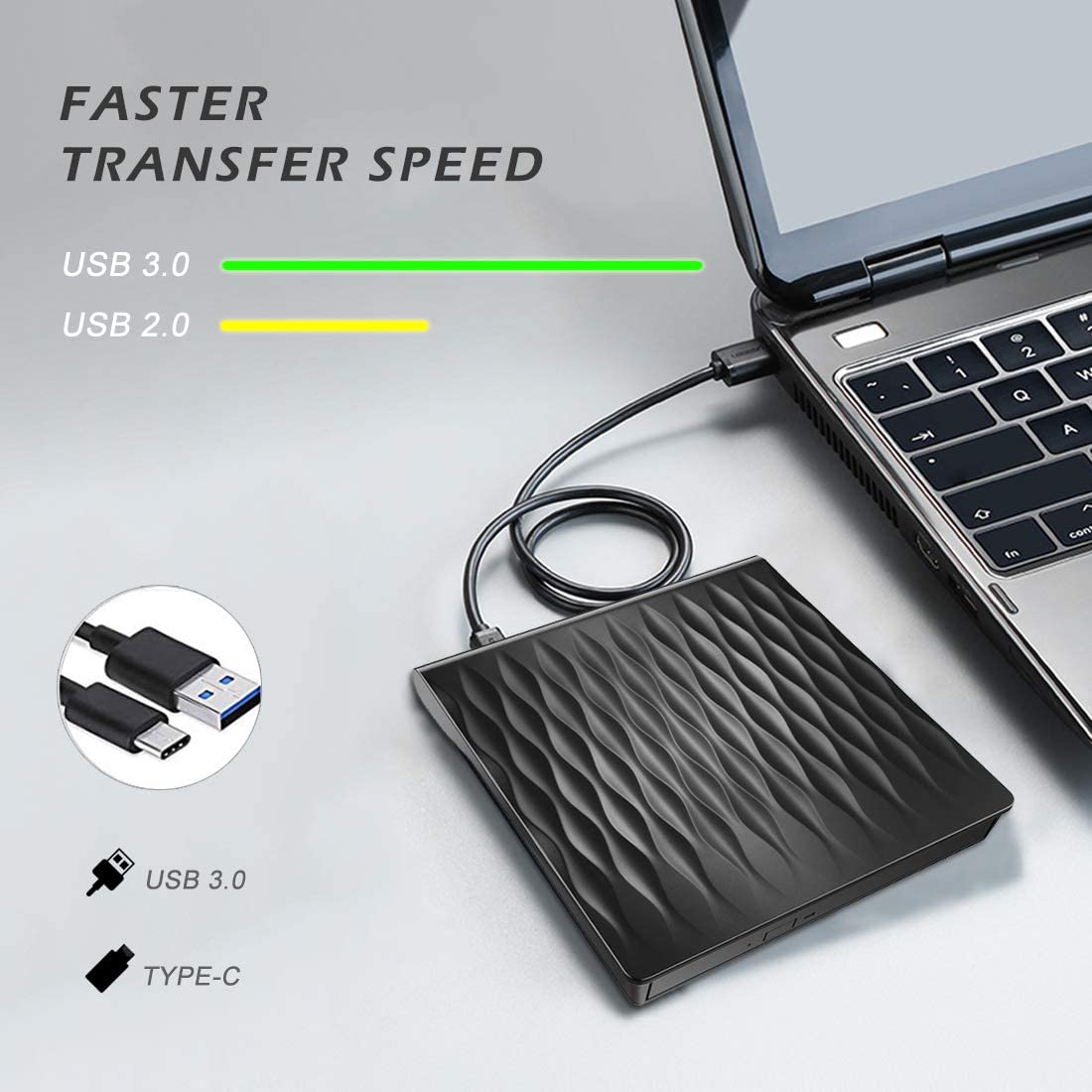 DANGZW External DVD Drive, Slim Portable External CD Reader Burner Writer USB 3.0 Type-C, RW CD-ROM Optical Driver for Laptop, PC, iMac, Macbook Air/Pro and Linux, Mac OS, Windows (Black)