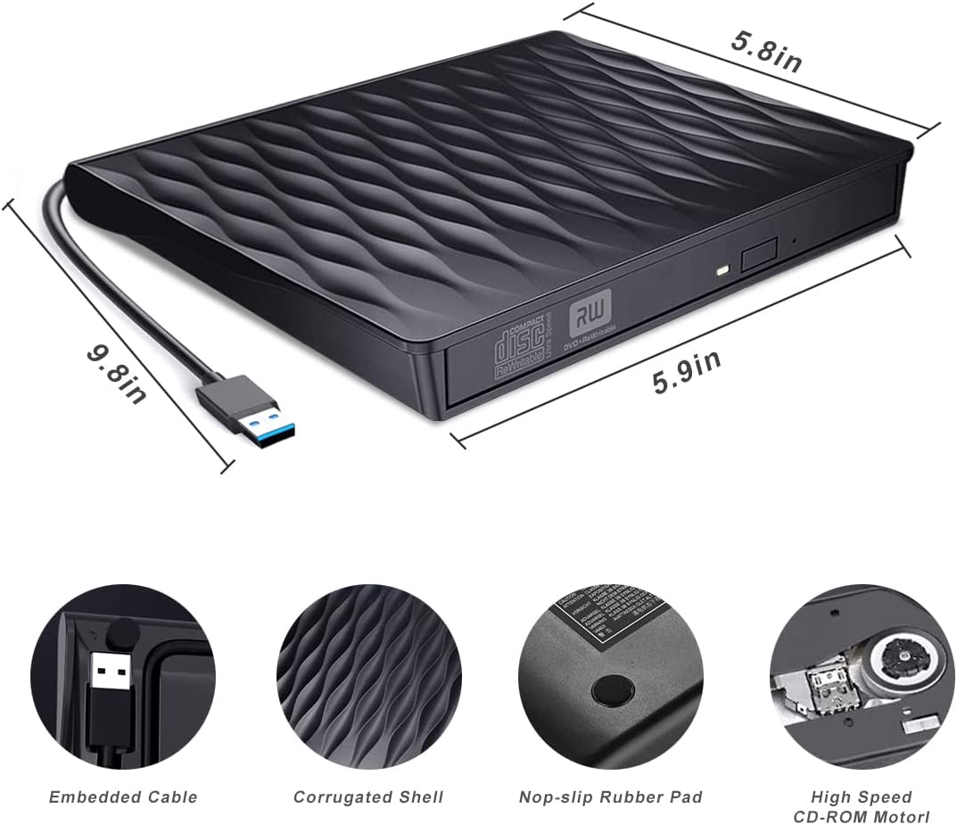 DANGZW External DVD Drive, Slim Portable External CD Reader Burner Writer USB 3.0 Type-C, RW CD-ROM Optical Driver for Laptop, PC, iMac, Macbook Air/Pro and Linux, Mac OS, Windows (Black)