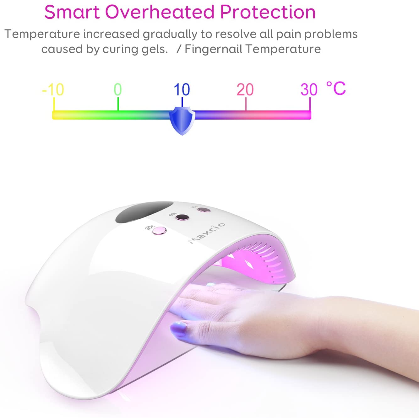 مجفف أظافر Maxcio UV LED لطلاء الجل مع مؤقت 30/60/90 ثانية، شاشة LCD، قاعدة قابلة للإزالة، مصدر طاقة USB ومستشعر ذكي (24 واط)